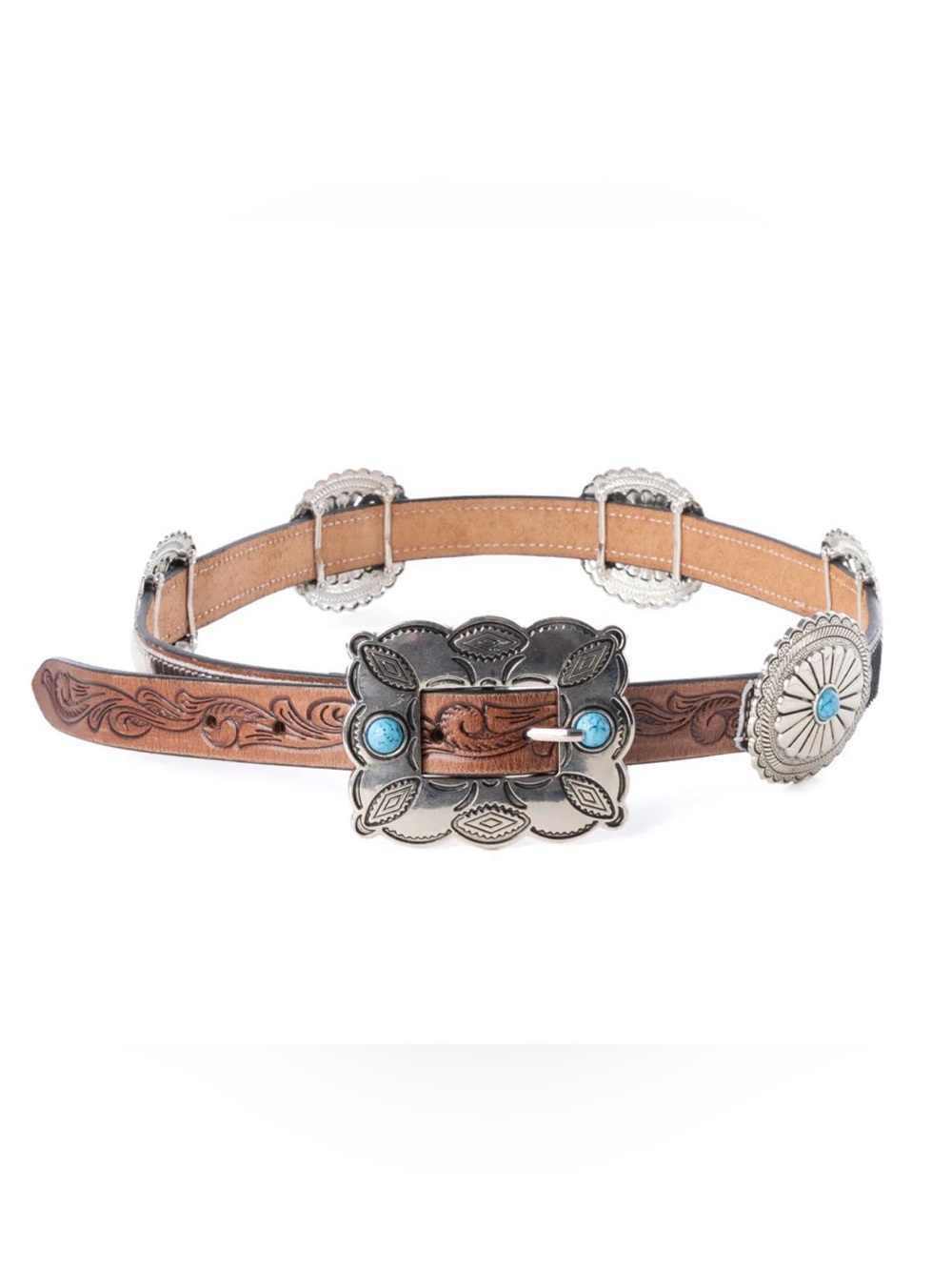 Western Tooled Leather Belt with Concho Silver-Tone Turquoise Buckle Hairon